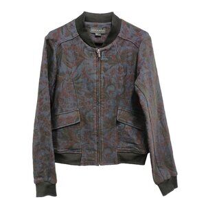 Adria Moss Womens Bomber Jacket Size Small Blue Red Floral Zip Front Jacquard